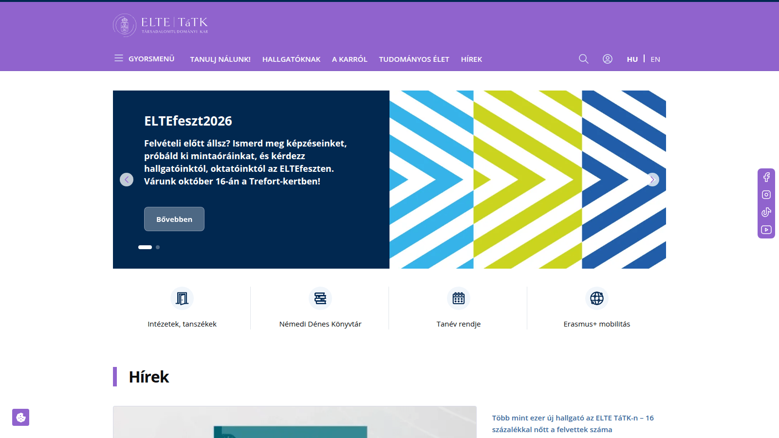 ELTE Faculty of Social Sciences website in purple, showing the shared ELTEfeszt news