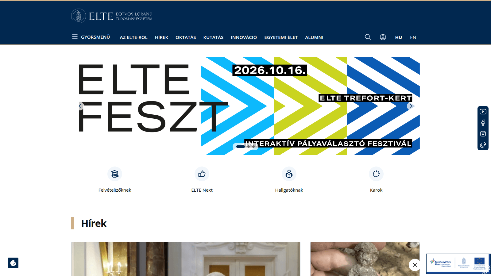 ELTE university website homepage