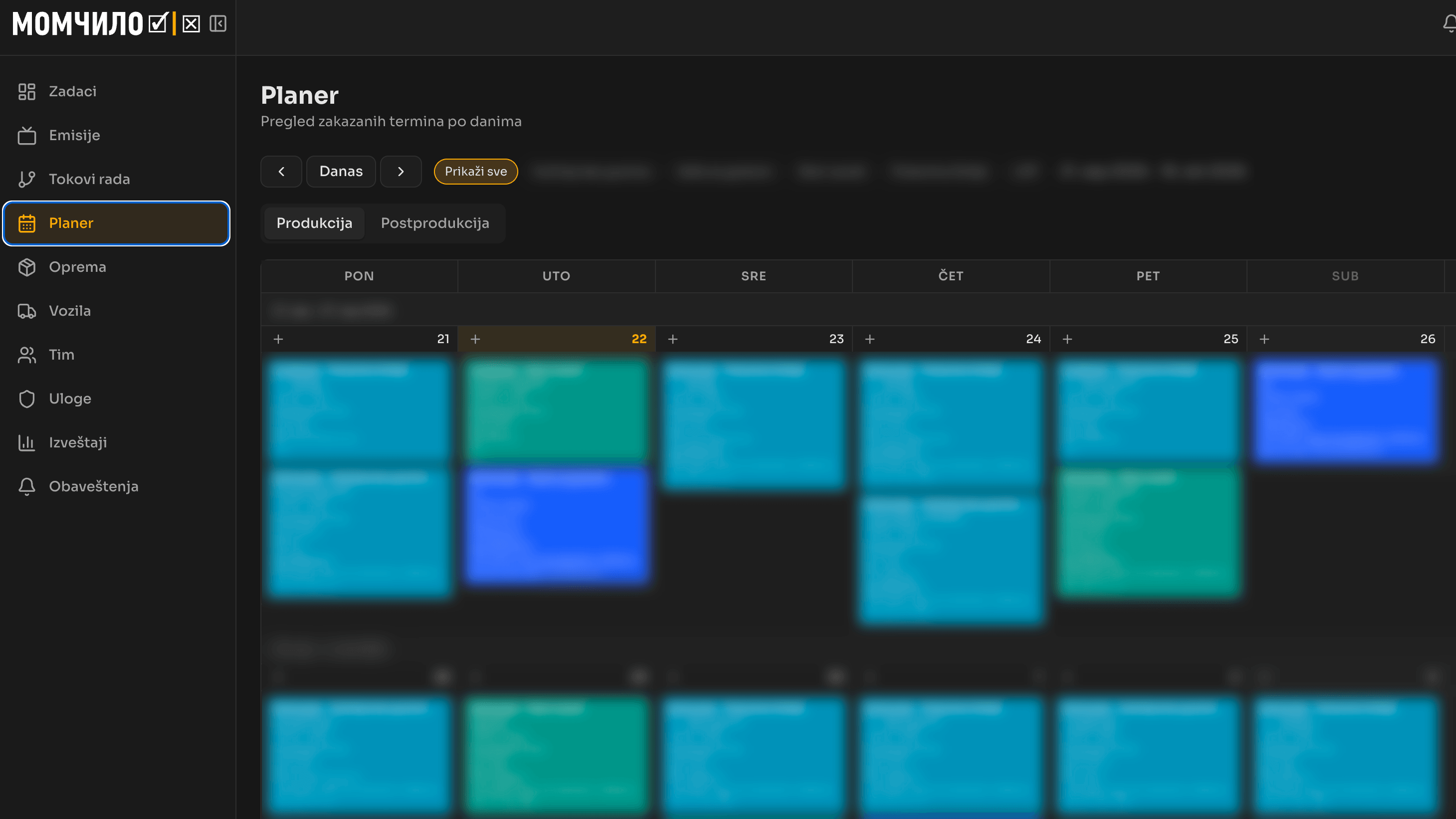 Momčilo planner, a weekly calendar of shoots