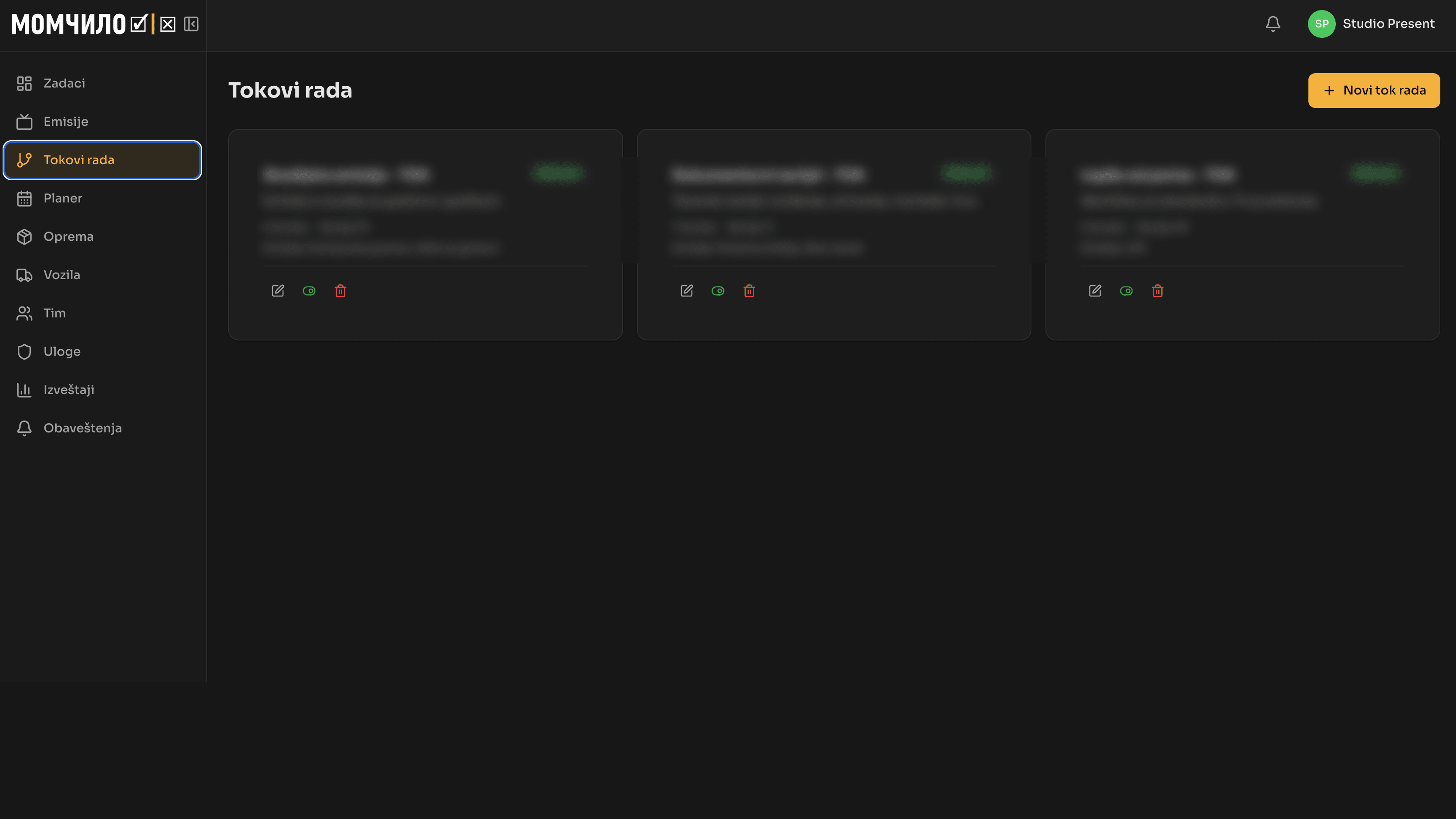Momčilo workflows, one card per type of show